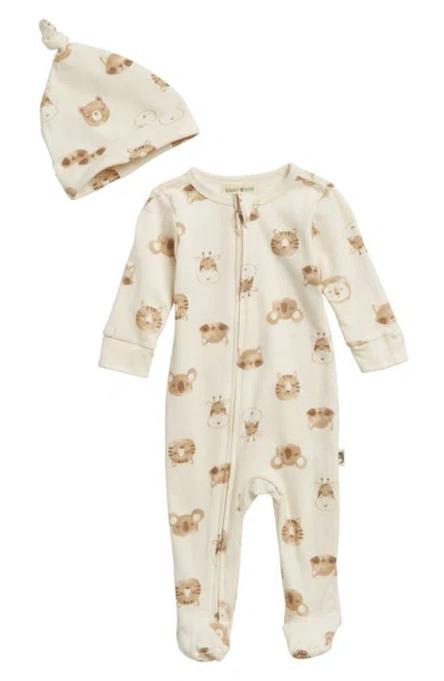 Rabbit And Bear Organic Babies'  Organic Cotton Coverall & Cap Set In Ivory Animals