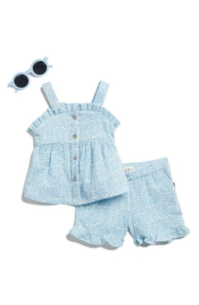 Rabbit And Bear Organic Babies' Organic Cotton Ruffle Tank & Shorts Set With Sunglasses In Blue
