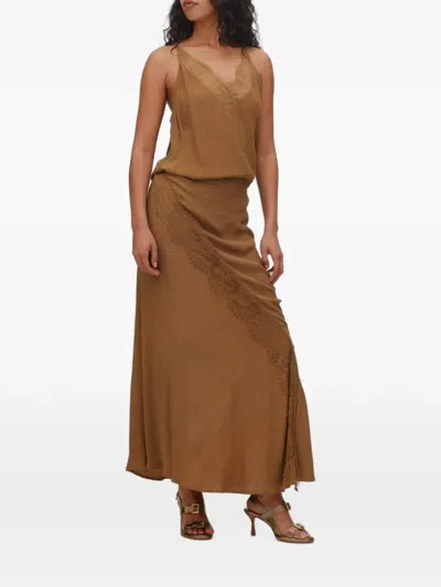 Rabens Saloner Lace-trim Maxi Skirt In Brown