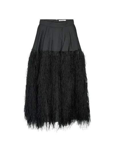 Rabens Saloner Magna Feather-trim Pleated Midi Skirt In Black