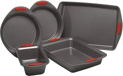 Rachael Ray 5 Piece Nonstick Bakeware Set, Gray With Red Grips In Black