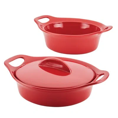 Rachael Ray Ceramic Casserole Bakers Set, Includes 1.5-quart And 2-quart Round Casserole, With Shared Lid, 3 Pie In Red
