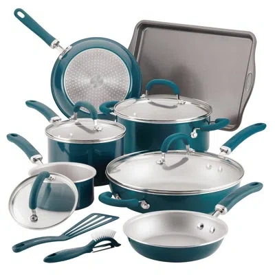 Rachael Ray Create Delicious Aluminum Nonstick Cookware Induction Pots And Pans Set, 13-piece, Teal Shimmer In Blue