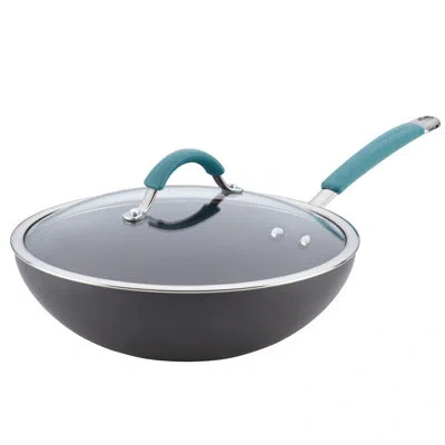 Rachael Ray Cucina Hard Anodized Nonstick Stir Fry Pan With Lid, 11 Inch, Gray, Agave Blue Handles