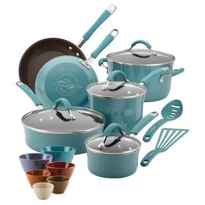 Rachael Ray Cucina Hard Enamel Nonstick Cookware And Measuring Cup Set, 18-piece In Agave Blue