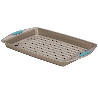 Rachael Ray Cucina Nonstick Bakeware Crisper Pan Set, 2-piece, Latte Brown With Agave Blue Handle Grips In Latte Brown,agave Blue