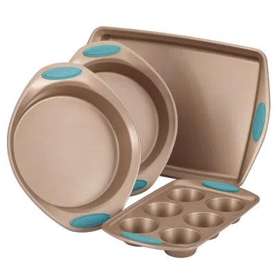 Rachael Ray Cucina Nonstick Baking Pans / Bakeware Set, 4 Piece In Latte Brown With Agave Blue Handles