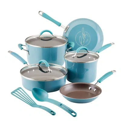 Rachael Ray Cucina Nonstick Cookware Pots And Pans Set, Includes Cooking Utensils, 10 Piece In Agave Blue