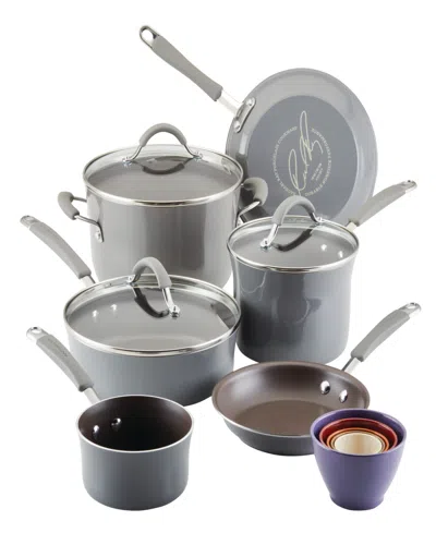 Rachael Ray Cucina Porcelain Enamel 14 Piece Nonstick Cookware And Measuring Cup Set In Sea Salt Gray