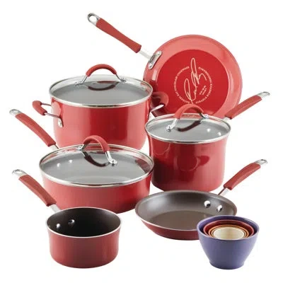 Rachael Ray Cucina Porcelain Enamel Nonstick Cookware And Measuring Cup Set, 14-piece In Cranberry Red
