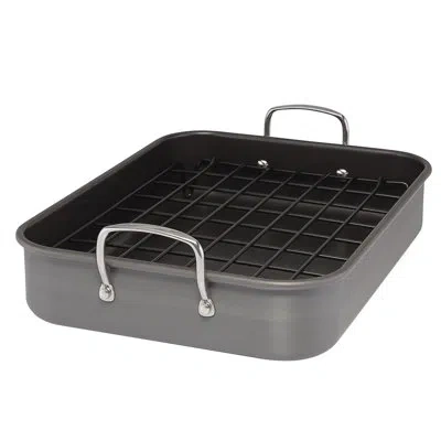 Rachael Ray Hard Anodized Nonstick Roaster/roasting Pan With Dual-height Rack, 16 Inch X 12 Inch In Gray