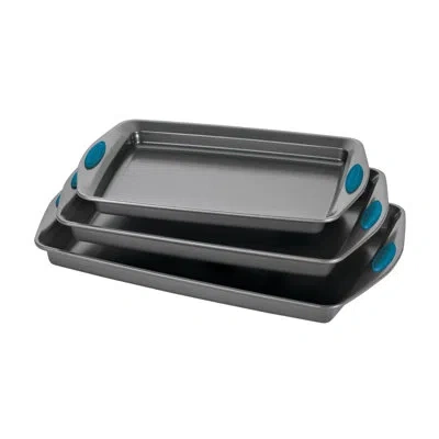 Rachael Ray Nonstick Bakeware Cookie Pan Set / Baking Sheets, 3 Piece In Gray,marine Blue Silicone Grips