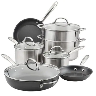 Rachael Ray Stainless Steel And Hard Anodized Nonstick Cookware Pots And Pans Set, 11-piece In Silver