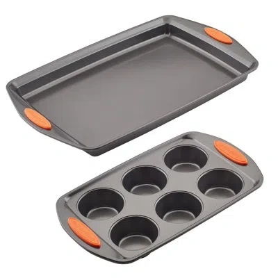 Rachael Ray Yum-o! Nonstick Bakeware Oven Lovin 6-cup Muffin Pan And Crispy Sheet Pan Set, 2-piece In Gray