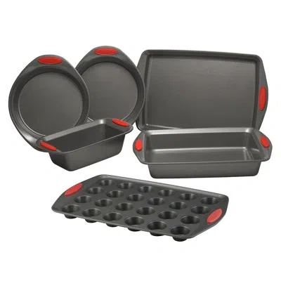 Rachael Ray Yum-o! Nonstick Oven Lovin' Bakeware Set, 6-piece, Gray With Red Handles In Gray;red