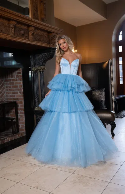 Rachel Allan 70876 Glitter Long Tiered Ball Gown Formal Prom Dress In Blue