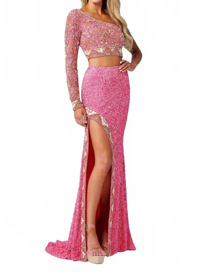 Rachel Allan Appealing Textured Sequins 2-piece Set Gown In Fuchsia In Pink