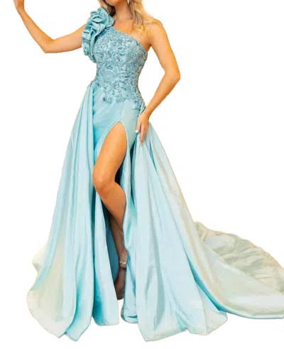 Rachel Allan Long Fitted High Slit Formal Beaded Prom Dress In Aqua In Blue