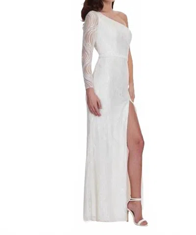 Rachel Allan Asymmetrical Neck One Shoulder Long Sleeved Slit Evening Gown In White