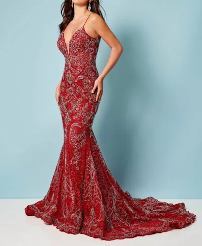 Rachel Allan Beaded Applique Prom Dress In Burgundy In Brown