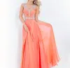 Rachel Allan Beaded High Mesh Neck Chiffon Prom Gown In Coral In Pink