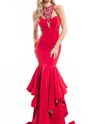 Rachel Allan Beaded Halter Neck Jersey Prom Gown In Red