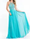 Rachel Allan Beaded Halter Neckline Prom Dress In Aqua In Blue
