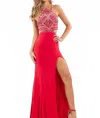 Rachel Allan Beaded Halterneck Evening Gown With High Slit In Tangerine In Pink