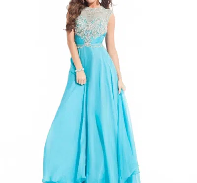 Rachel Allan Beaded High Mesh Neckline Chiffon Gown In Aqua Marine In Blue