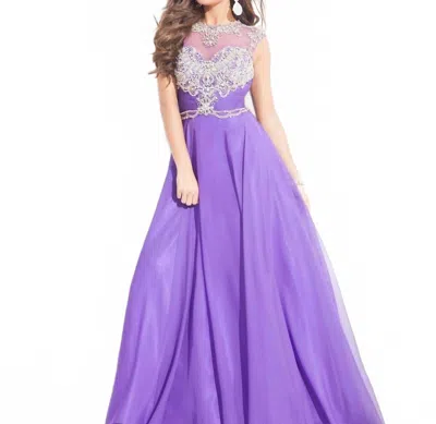Rachel Allan Beaded High Mesh Neckline Chiffon Gown In Purple In Blue