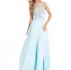 Rachel Allan Beaded High Mesh Neckline Chiffon Gown In Soft Blue In Blue