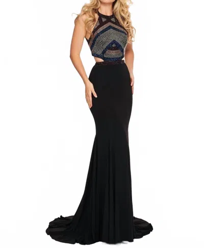 Rachel Allan Beaded Jersey Evening Gown In Black