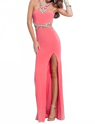 Rachel Allan Beaded Jersey Evening Gown With Cutouts In Coral In Pink