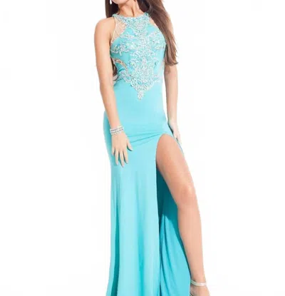 Rachel Allan Beaded Jersey Gown With High Slit In Aqua Green In Blue