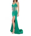 Rachel Allan Beaded Jersey Gown With Side Cutouts In Jade In Green