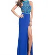 Rachel Allan Beaded Jersey Prom Gown With Cutouts In Royal In Blue