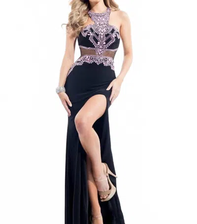 Rachel Allan Beaded Jersey Prom Gown With High Slit In Black