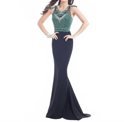 Rachel Allan Beaded Jersey Sheath Evening Gown In Black