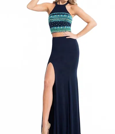 Rachel Allan Beaded Jersey Two-piece Evening Gown In Navy In Blue