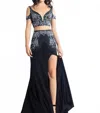 Rachel Allan Beaded Jersey Two-piece Gown With Slit In Black In Blue