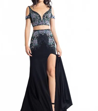 Rachel Allan Beaded Jersey Two-piece Gown With Slit In Black In Blue