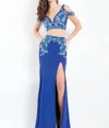 Rachel Allan Beaded Jersey Two-piece Gown With Slit In Royal In Blue
