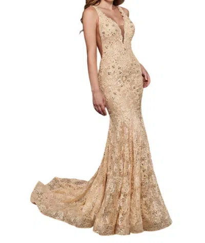 Rachel Allan Beaded Lace Prom Gown In Champagne In Neutral