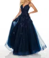 Rachel Allan Beaded Lace Strappy Tulle Prom Gown In Navy In Blue
