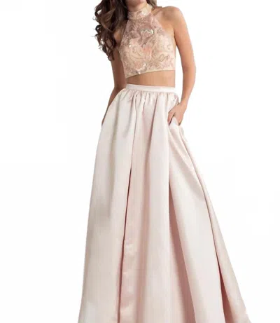Rachel Allan Beaded Matte Satin Two-piece Prom Dress In Champagne In White