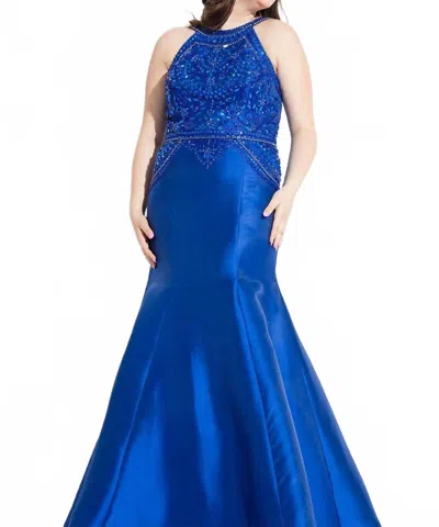 Rachel Allan Beaded Mikado Mermaid Prom Gown In Royal In Blue