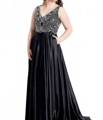 Rachel Allan Beaded Stretch Satin Flowy Prom Gown In Black