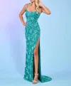 Rachel Allan Beaded Stretch Tulle Scoop Neck Evening Dress In Turquoise/jade In Multi