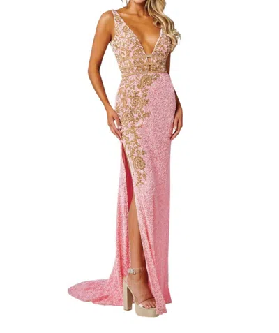 Rachel Allan Beaded Tulle Deep V-neckline Prom Dress In Pink/gold