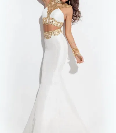 Rachel Allan Beaded Two-piece Taffeta Mermaid Gown In White/gold